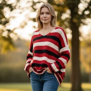 VICI‎ NWOT Christmas sweaters fall striped Megan Twist back v neck sweater